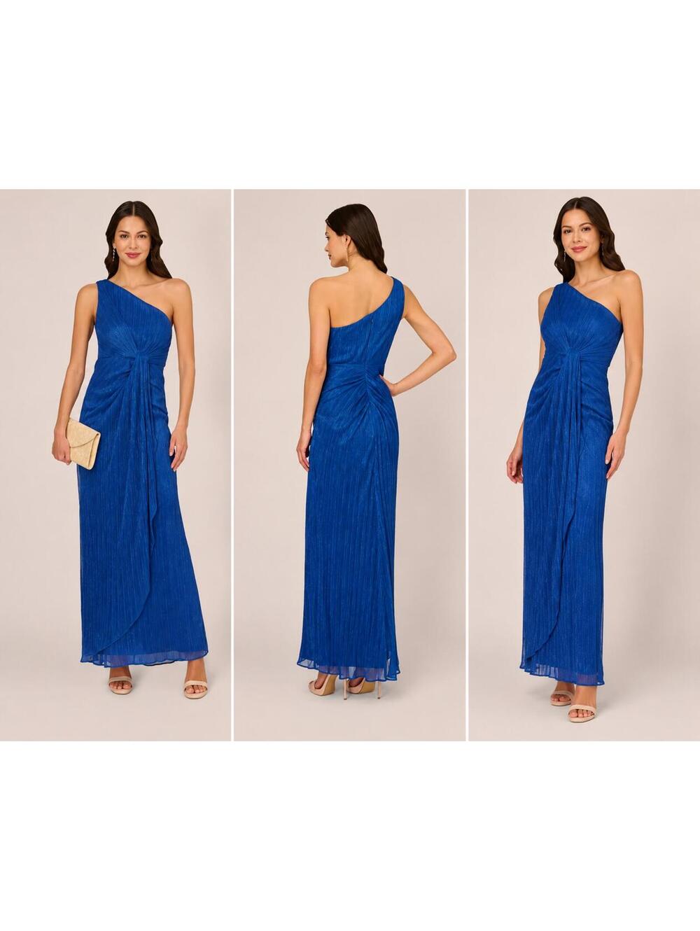 Stardust One-Shoulder Pleated Metallic Gown Royal Blue sz 14 Elegant Formal NWT